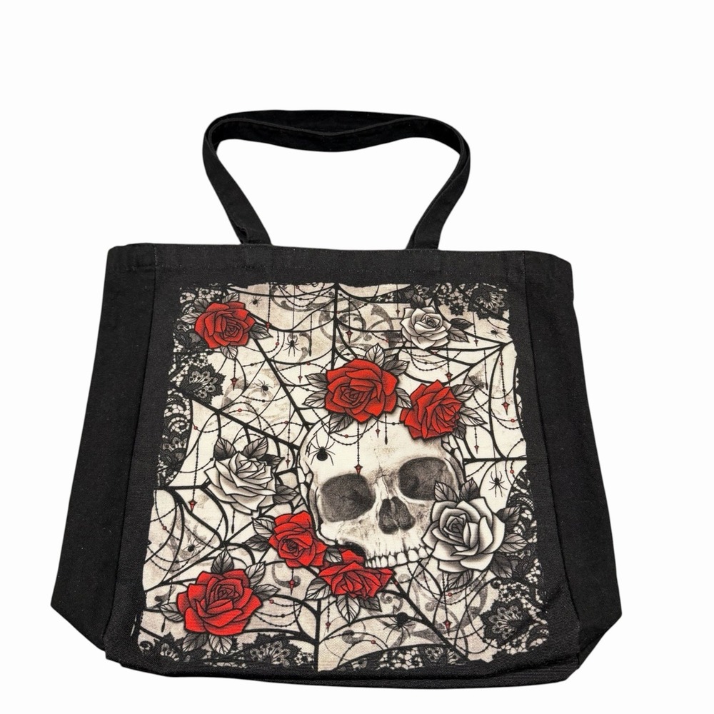 Gothic Skull Rose Spiderweb Black Canvas Tote Bag Women Shoulder Bag Emo Style